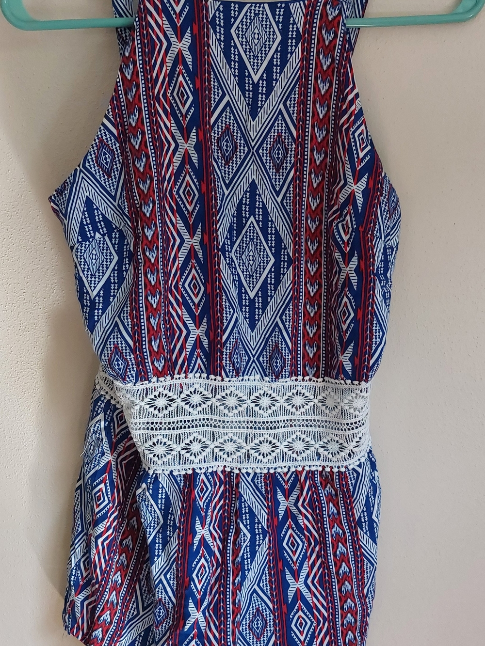 Rue21 Blue White and Red Aztec Lace-Trim One-Piece